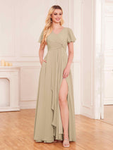 Attractive Short Sleeves Pleated Chiffon Bridesmaid Dresses With Pockets
