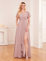 Attractive Short Sleeves Pleated Chiffon Bridesmaid Dresses With Pockets