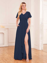 Attractive Short Sleeves Pleated Chiffon Bridesmaid Dresses With Pockets