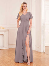 Attractive Short Sleeves Pleated Chiffon Bridesmaid Dresses With Pockets