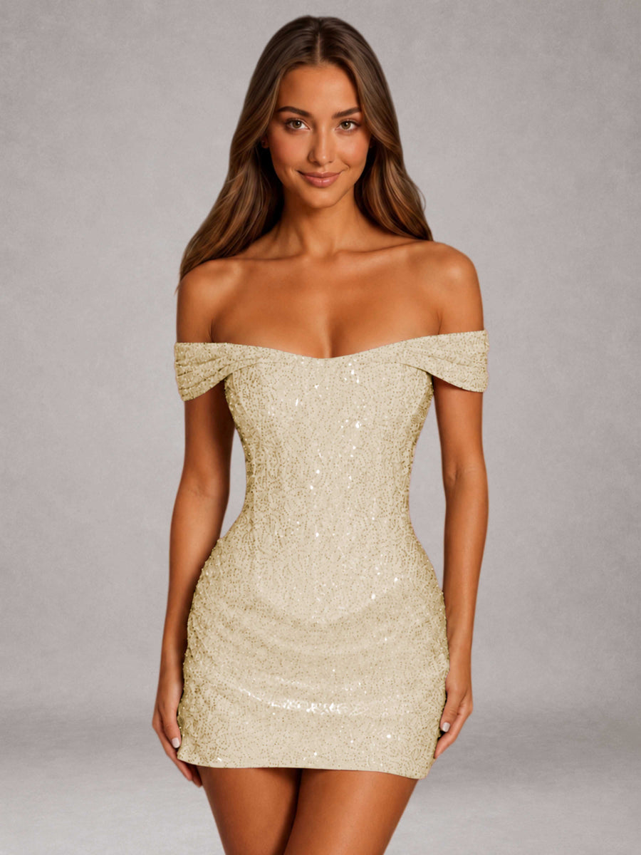 Champagne Free Shipping Beaded Embroidery Sheath Off-The-Shoulder Mini Homecoming Dress