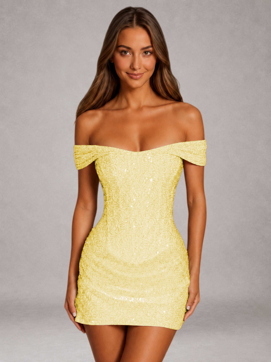 Daffodil Free Shipping Beaded Embroidery Sheath Off-The-Shoulder Mini Homecoming Dress