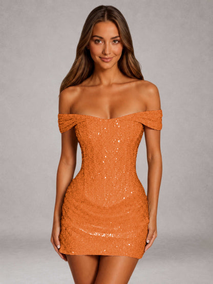 Orange Free Shipping Beaded Embroidery Sheath Off-The-Shoulder Mini Homecoming Dress
