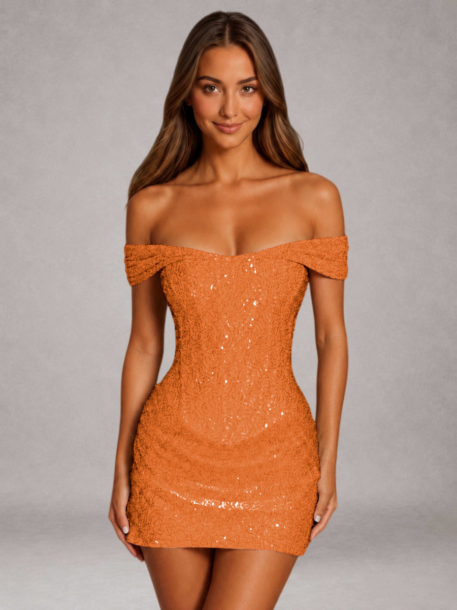 Orange Free Shipping Beaded Embroidery Sheath Off-The-Shoulder Mini Homecoming Dress