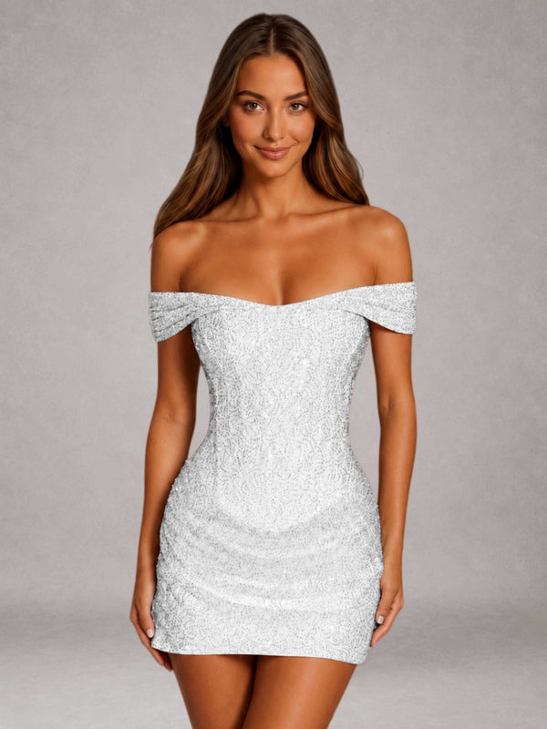 White Free Shipping Beaded Embroidery Sheath Off-The-Shoulder Mini Homecoming Dress