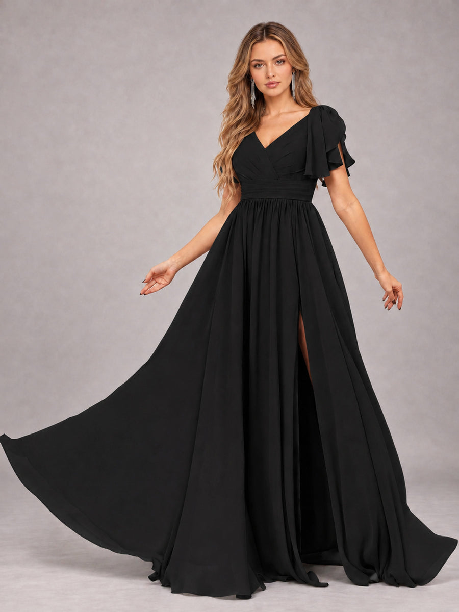 Black Beautiful BridesmaidV-Neck Lace-Up Back Chiffon Bridesmaid Dress with Slit