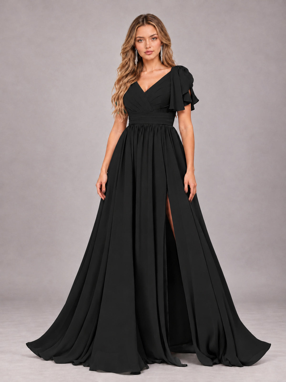 Black Beautiful BridesmaidV-Neck Lace-Up Back Chiffon Bridesmaid Dress with Slit