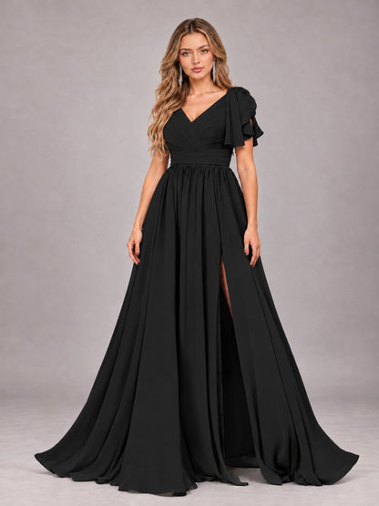 Black Beautiful BridesmaidV-Neck Lace-Up Back Chiffon Bridesmaid Dress with Slit