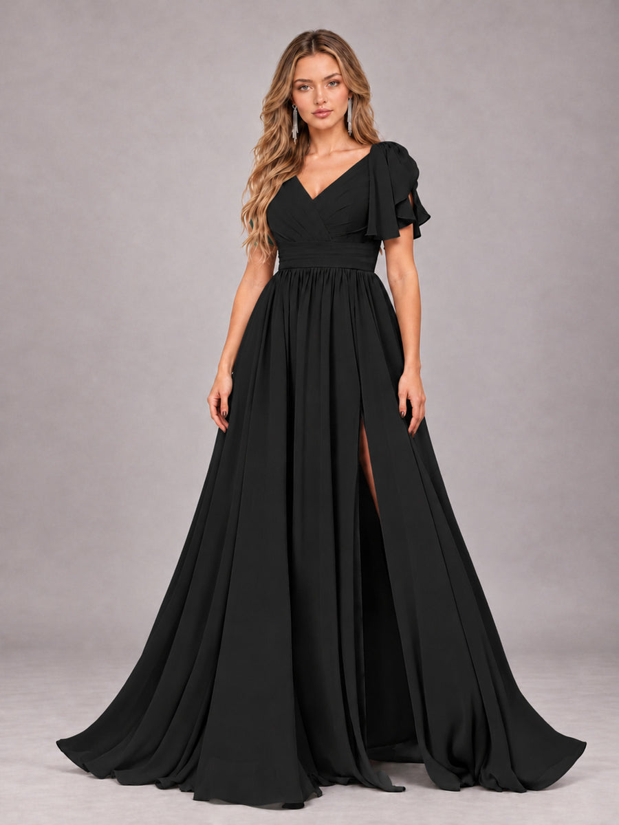 Black Beautiful BridesmaidV-Neck Lace-Up Back Chiffon Bridesmaid Dress with Slit