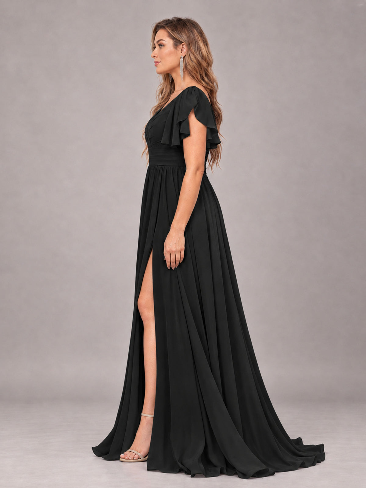 Black Beautiful BridesmaidV-Neck Lace-Up Back Chiffon Bridesmaid Dress with Slit