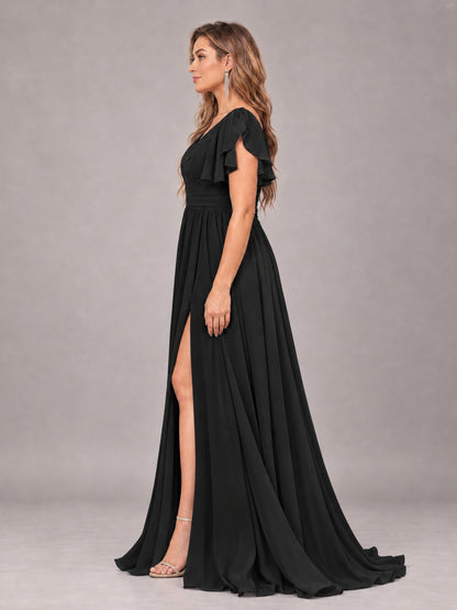 Black Beautiful BridesmaidV-Neck Lace-Up Back Chiffon Bridesmaid Dress with Slit