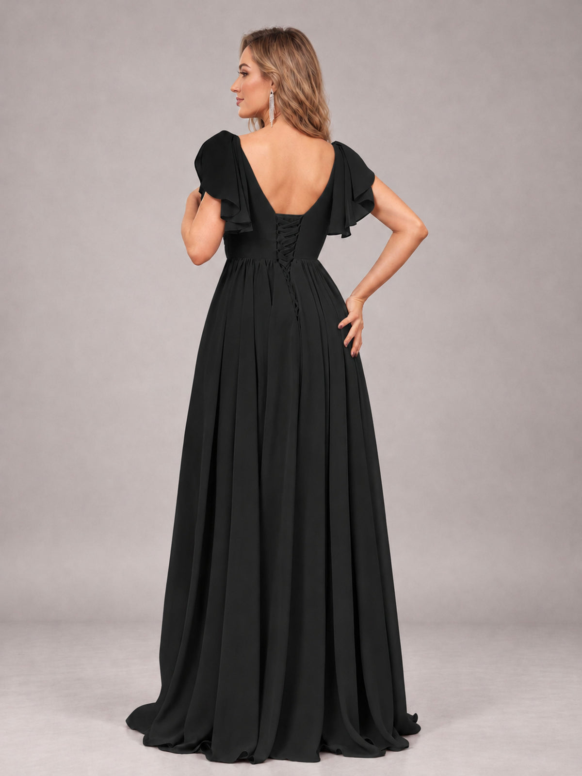 Black Beautiful BridesmaidV-Neck Lace-Up Back Chiffon Bridesmaid Dress with Slit