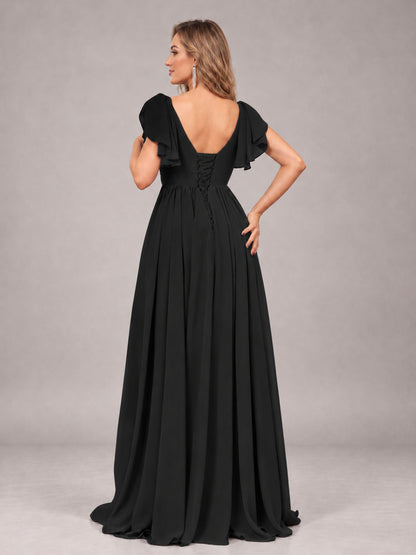 Black Beautiful BridesmaidV-Neck Lace-Up Back Chiffon Bridesmaid Dress with Slit