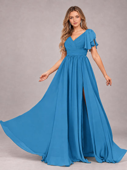 Blue Beautiful BridesmaidV-Neck Lace-Up Back Chiffon Bridesmaid Dress with Slit