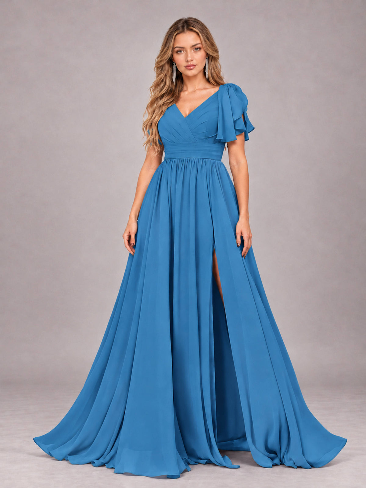 Blue Beautiful BridesmaidV-Neck Lace-Up Back Chiffon Bridesmaid Dress with Slit