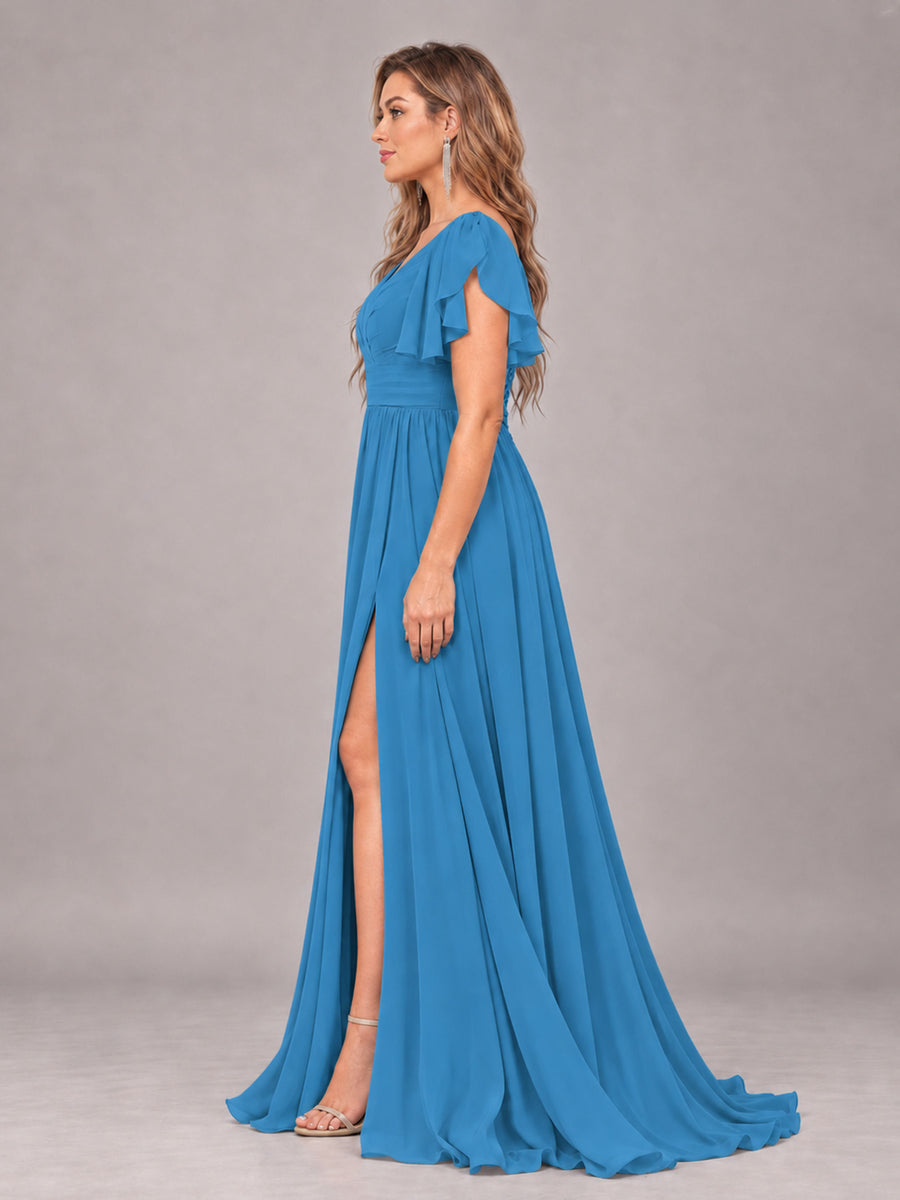 Blue Beautiful BridesmaidV-Neck Lace-Up Back Chiffon Bridesmaid Dress with Slit