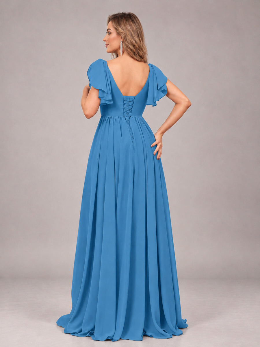 Blue Beautiful BridesmaidV-Neck Lace-Up Back Chiffon Bridesmaid Dress with Slit