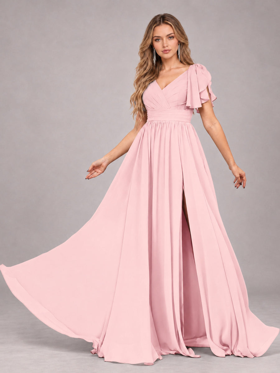 Blush Pink Beautiful BridesmaidV-Neck Lace-Up Back Chiffon Bridesmaid Dress with Slit