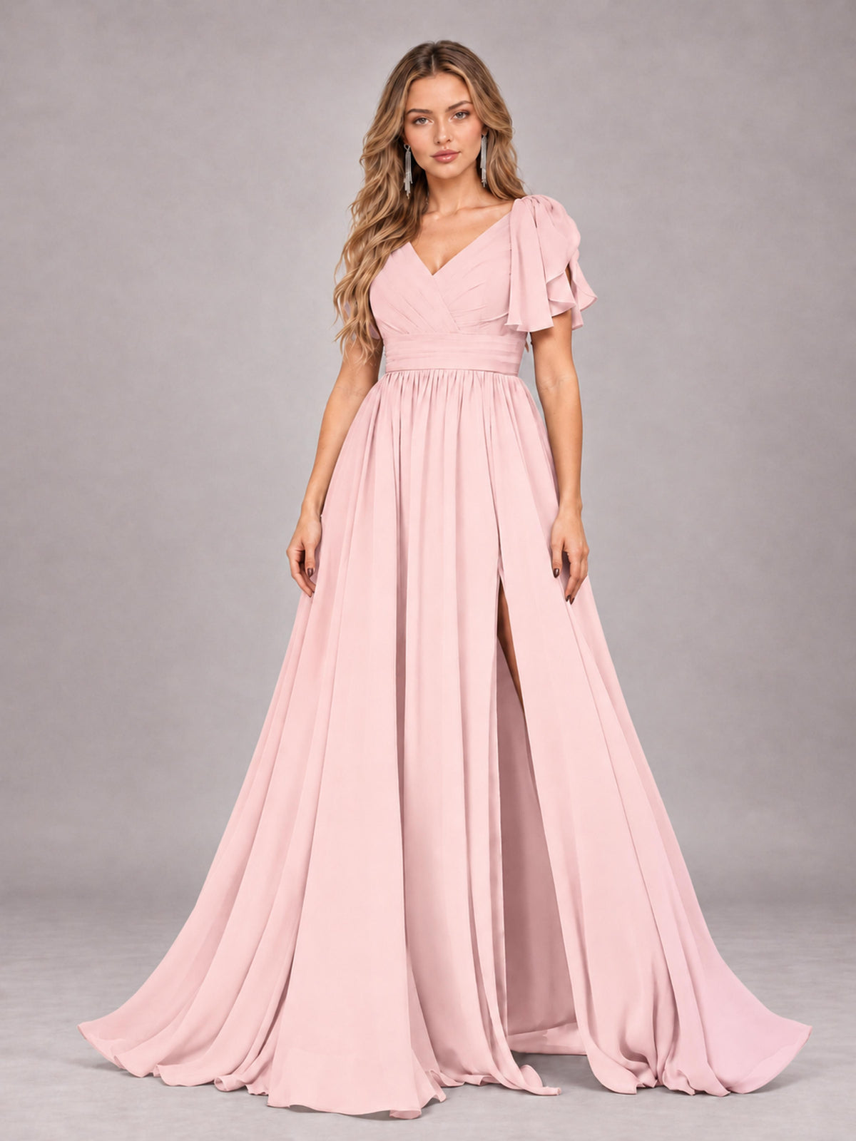 Blush Pink Beautiful BridesmaidV-Neck Lace-Up Back Chiffon Bridesmaid Dress with Slit