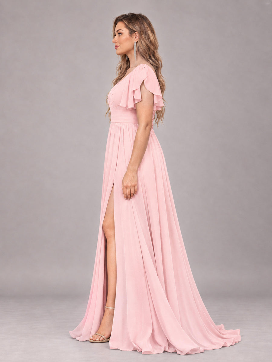 Blush Pink Beautiful BridesmaidV-Neck Lace-Up Back Chiffon Bridesmaid Dress with Slit