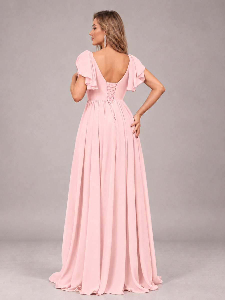 Blush Pink Beautiful BridesmaidV-Neck Lace-Up Back Chiffon Bridesmaid Dress with Slit