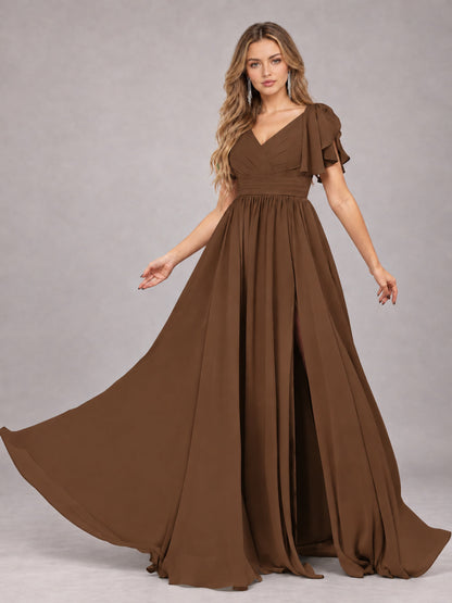 Brown Beautiful BridesmaidV-Neck Lace-Up Back Chiffon Bridesmaid Dress with Slit