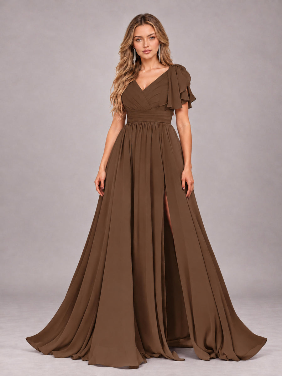 Brown Beautiful BridesmaidV-Neck Lace-Up Back Chiffon Bridesmaid Dress with Slit