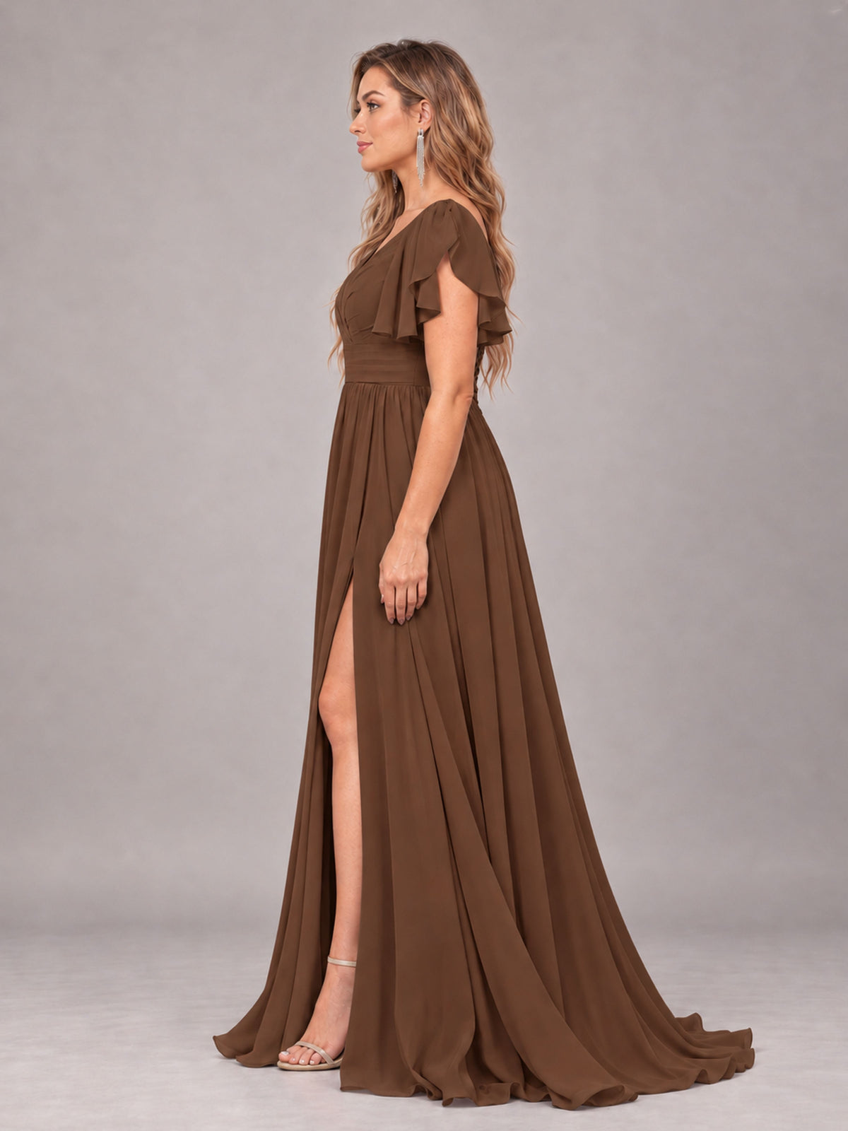 Brown Beautiful BridesmaidV-Neck Lace-Up Back Chiffon Bridesmaid Dress with Slit