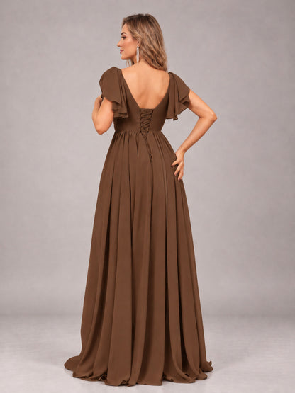 Brown Beautiful BridesmaidV-Neck Lace-Up Back Chiffon Bridesmaid Dress with Slit