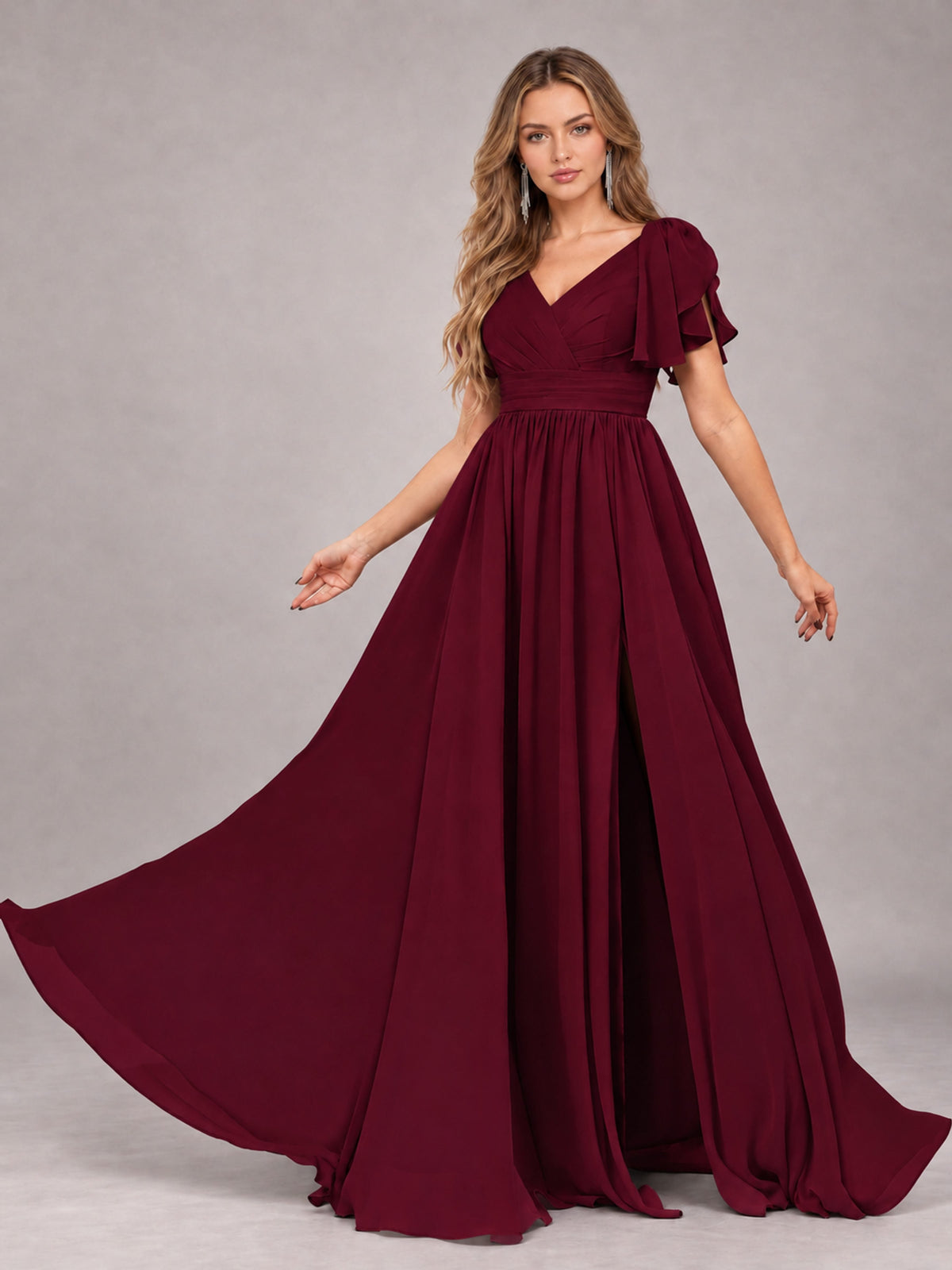 Burgundy Beautiful BridesmaidV-Neck Lace-Up Back Chiffon Bridesmaid Dress with Slit