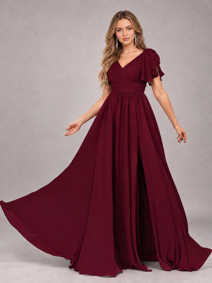 Burgundy Beautiful BridesmaidV-Neck Lace-Up Back Chiffon Bridesmaid Dress with Slit