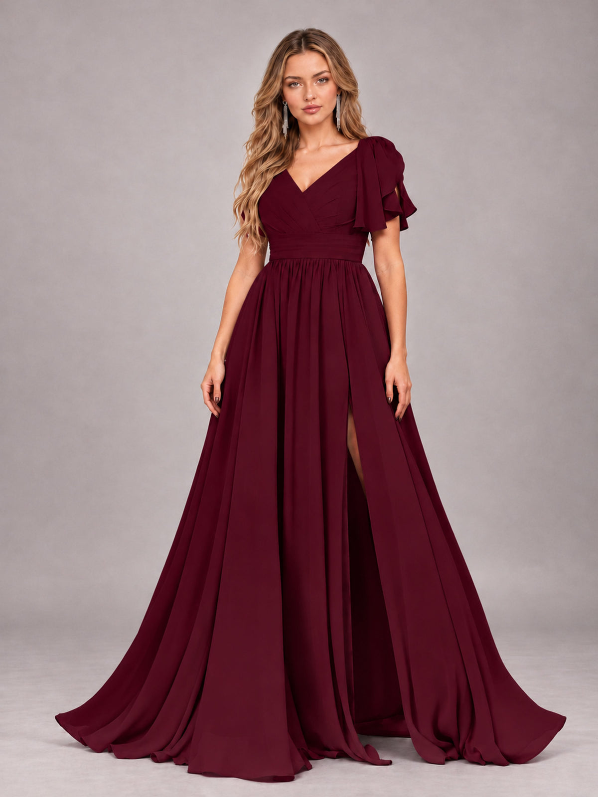 Burgundy Beautiful BridesmaidV-Neck Lace-Up Back Chiffon Bridesmaid Dress with Slit