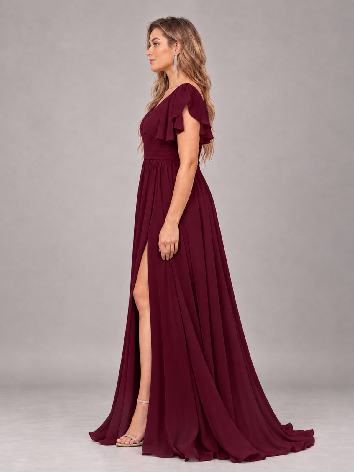 Burgundy Beautiful BridesmaidV-Neck Lace-Up Back Chiffon Bridesmaid Dress with Slit