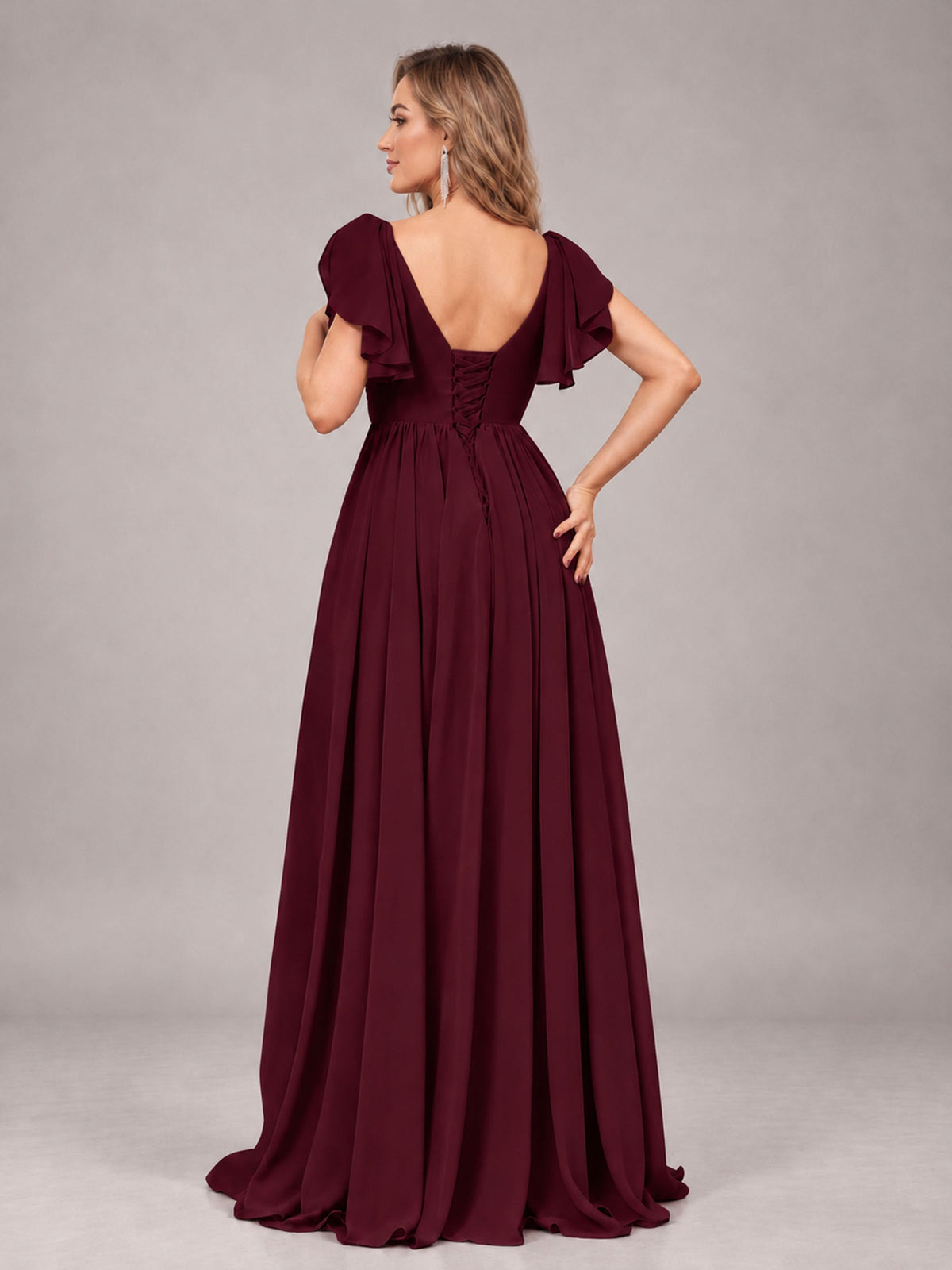 Burgundy Beautiful BridesmaidV-Neck Lace-Up Back Chiffon Bridesmaid Dress with Slit