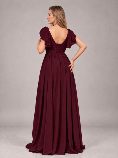 Burgundy Beautiful BridesmaidV-Neck Lace-Up Back Chiffon Bridesmaid Dress with Slit