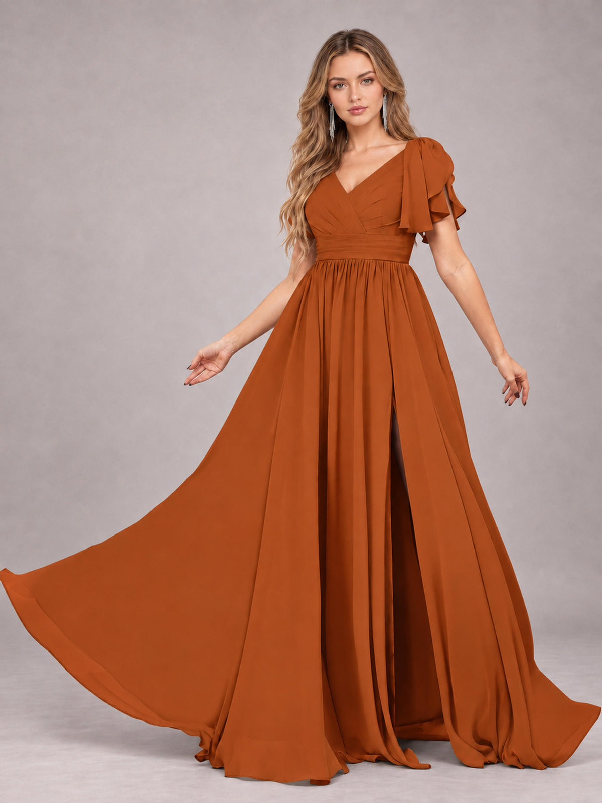 Burnt Orange Beautiful BridesmaidV-Neck Lace-Up Back Chiffon Bridesmaid Dress with Slit