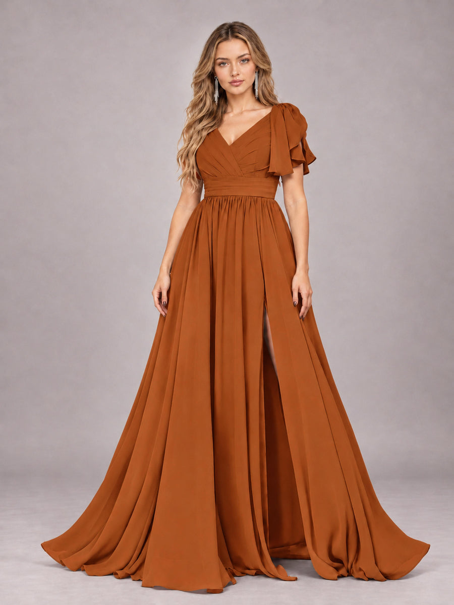 Burnt Orange Beautiful BridesmaidV-Neck Lace-Up Back Chiffon Bridesmaid Dress with Slit