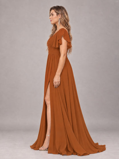 Burnt Orange Beautiful BridesmaidV-Neck Lace-Up Back Chiffon Bridesmaid Dress with Slit