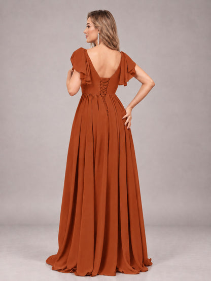 Burnt Orange Beautiful BridesmaidV-Neck Lace-Up Back Chiffon Bridesmaid Dress with Slit