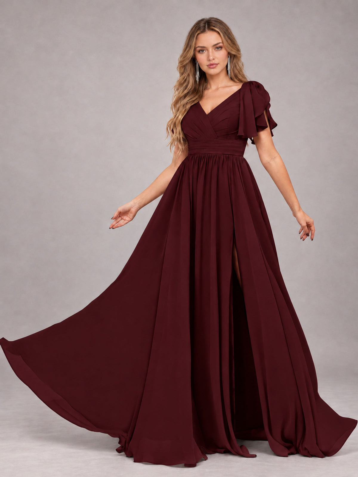 Cabernet Beautiful BridesmaidV-Neck Lace-Up Back Chiffon Bridesmaid Dress with Slit