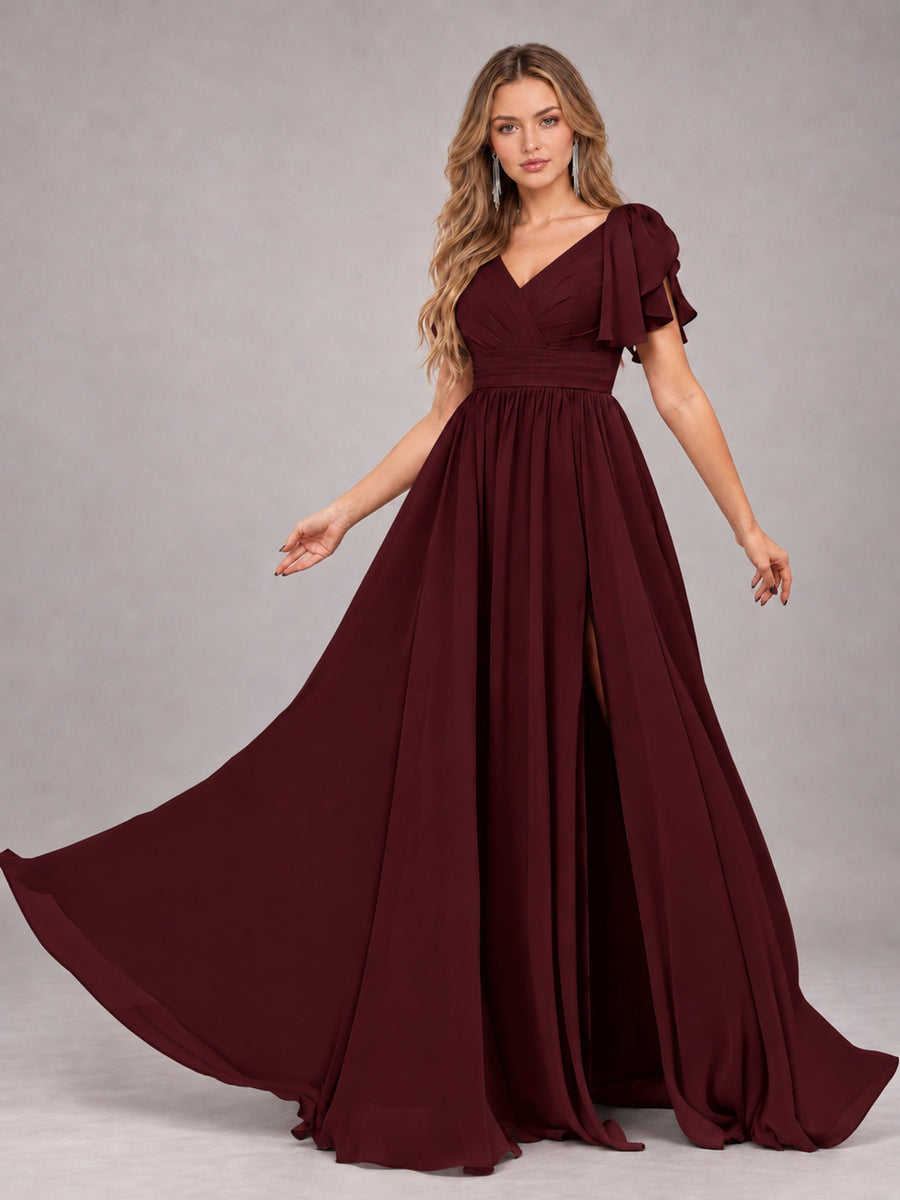 Cabernet Beautiful BridesmaidV-Neck Lace-Up Back Chiffon Bridesmaid Dress with Slit