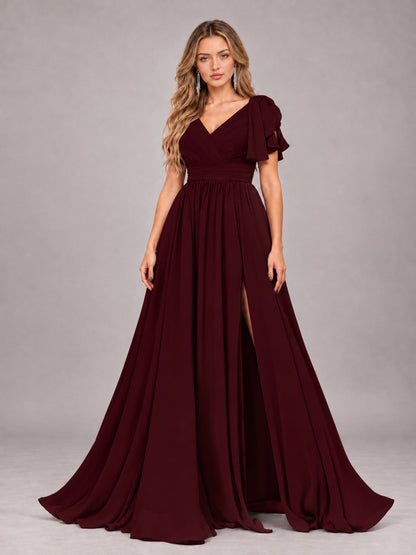 Cabernet Beautiful BridesmaidV-Neck Lace-Up Back Chiffon Bridesmaid Dress with Slit