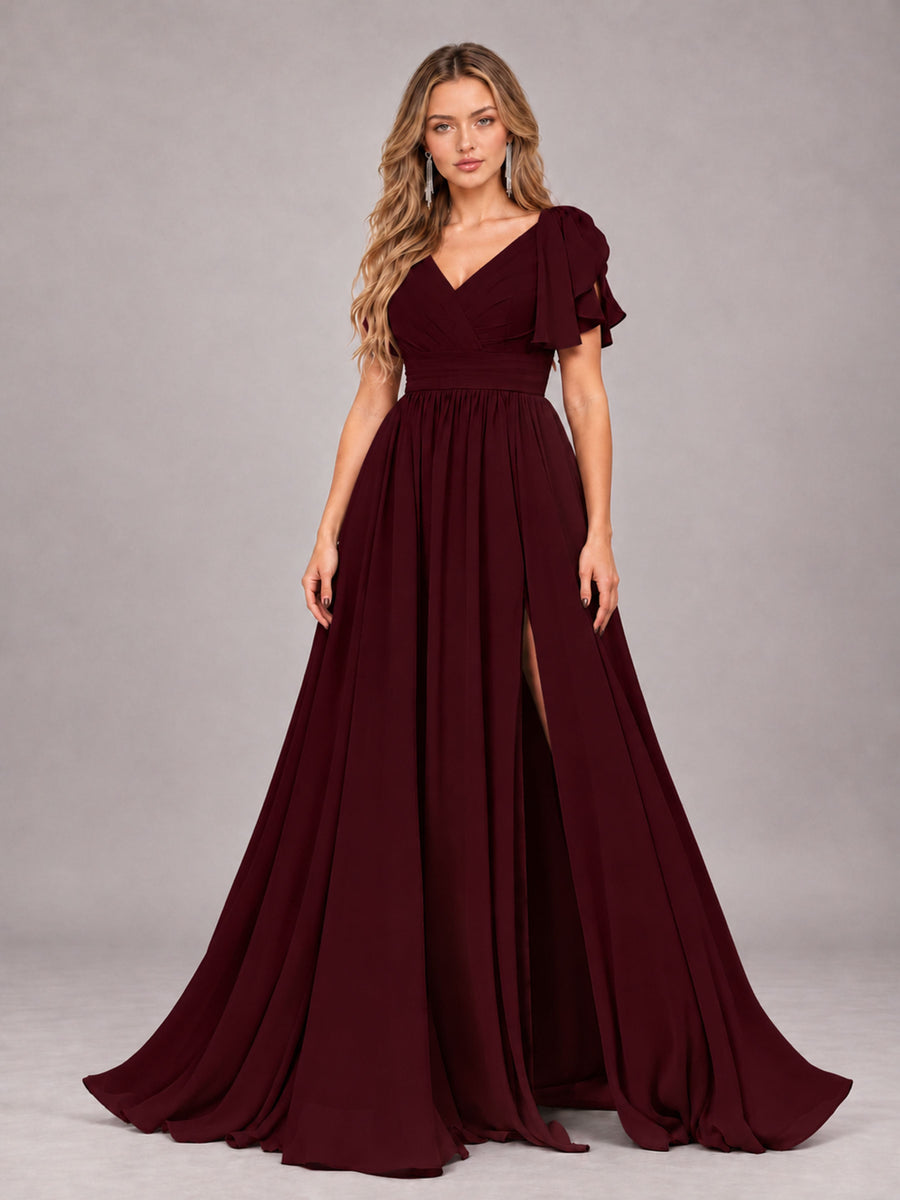 Cabernet Beautiful BridesmaidV-Neck Lace-Up Back Chiffon Bridesmaid Dress with Slit