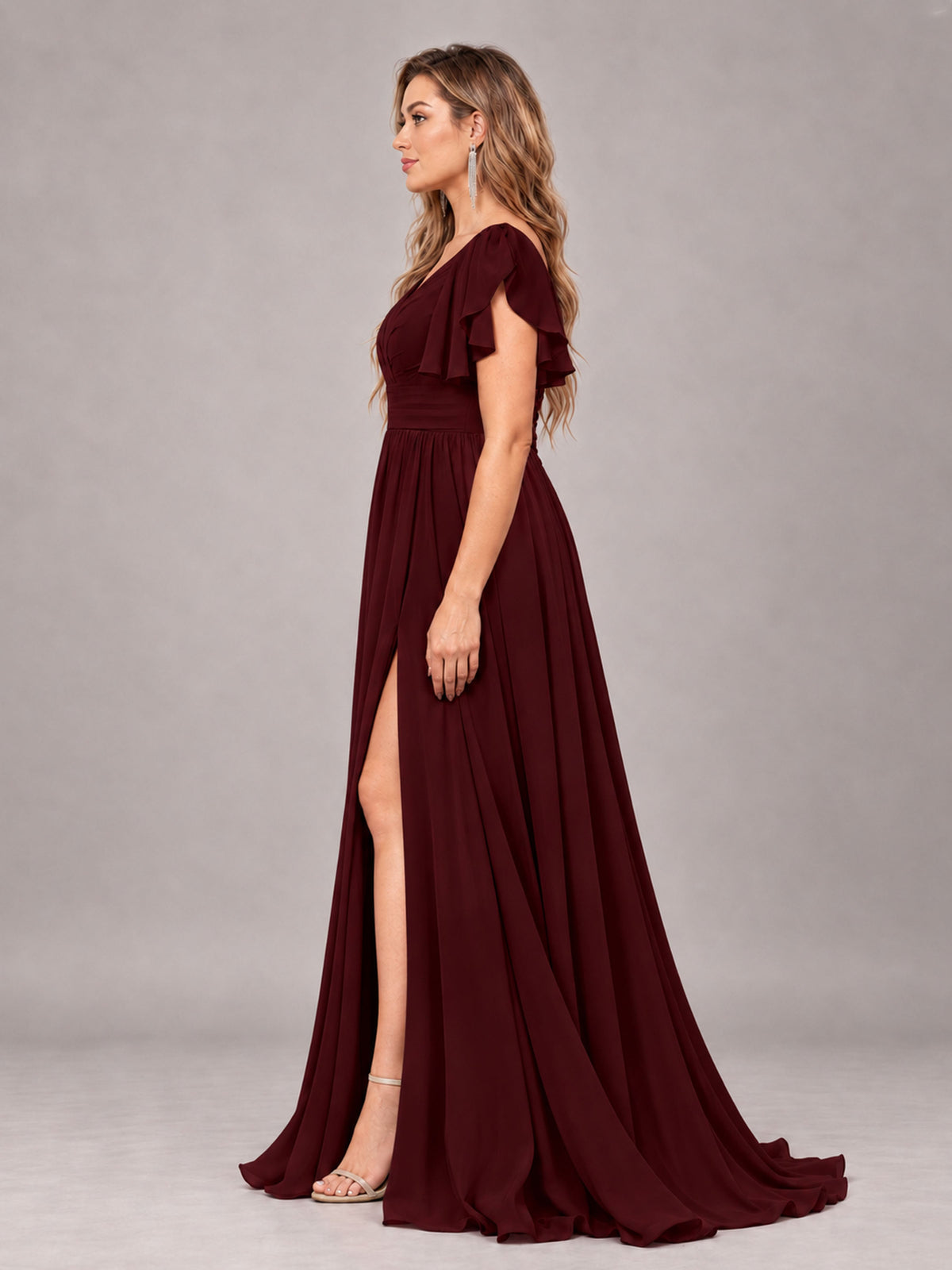 Cabernet Beautiful BridesmaidV-Neck Lace-Up Back Chiffon Bridesmaid Dress with Slit