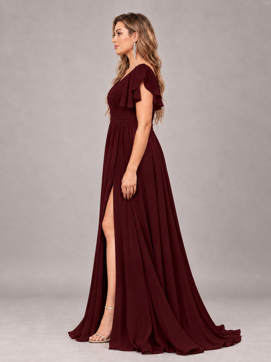 Cabernet Beautiful BridesmaidV-Neck Lace-Up Back Chiffon Bridesmaid Dress with Slit