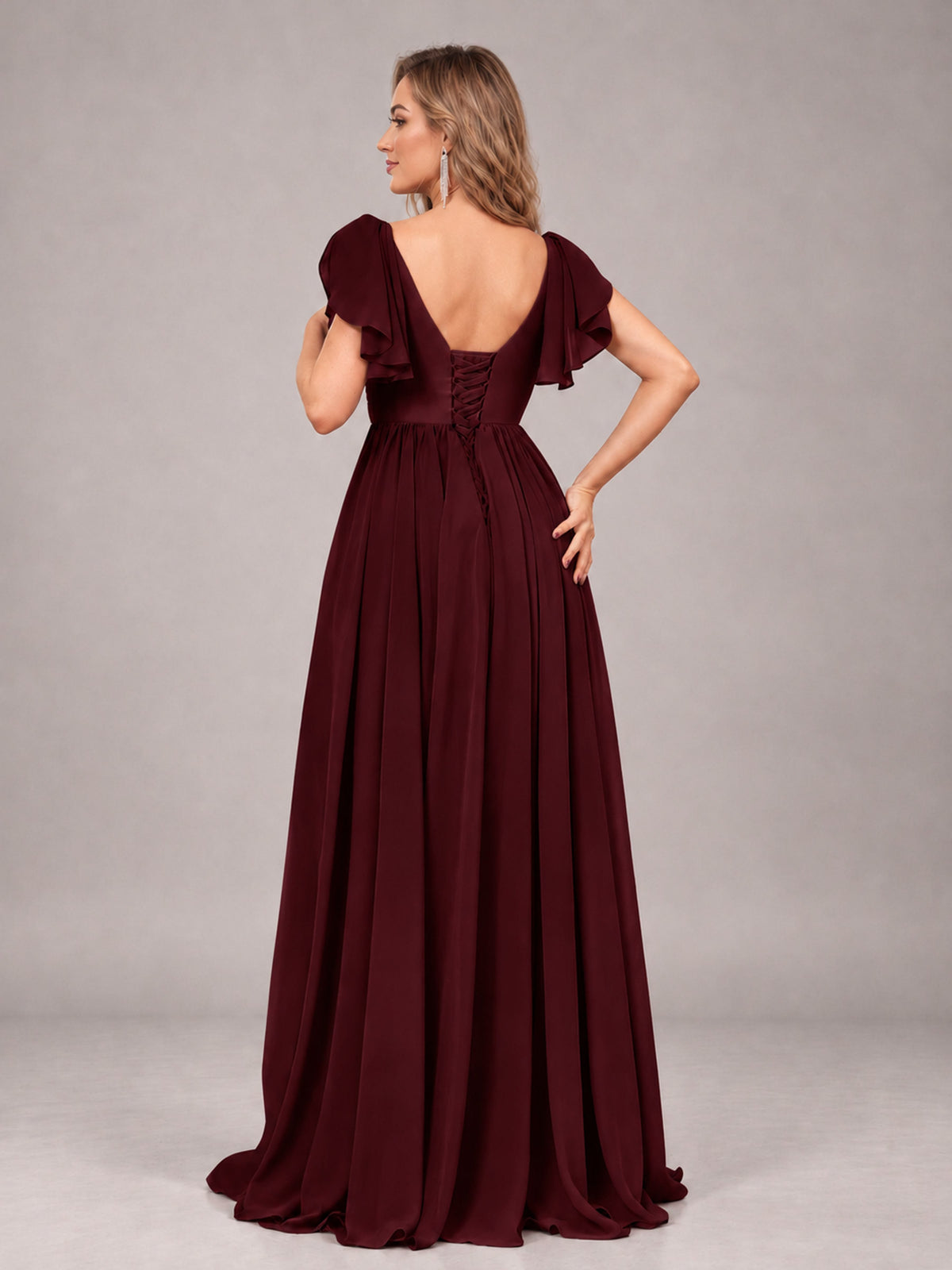 Cabernet Beautiful BridesmaidV-Neck Lace-Up Back Chiffon Bridesmaid Dress with Slit