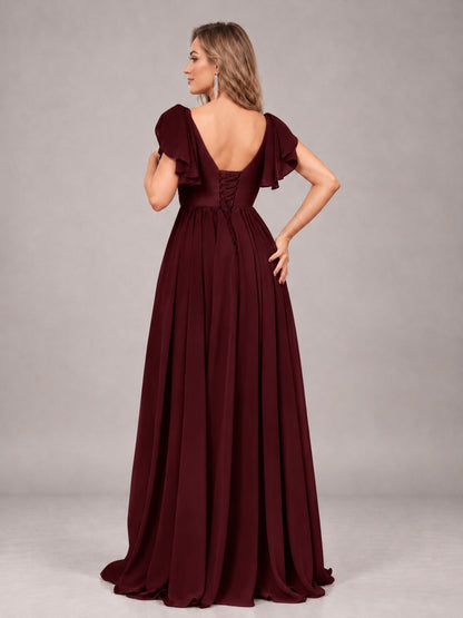 Cabernet Beautiful BridesmaidV-Neck Lace-Up Back Chiffon Bridesmaid Dress with Slit