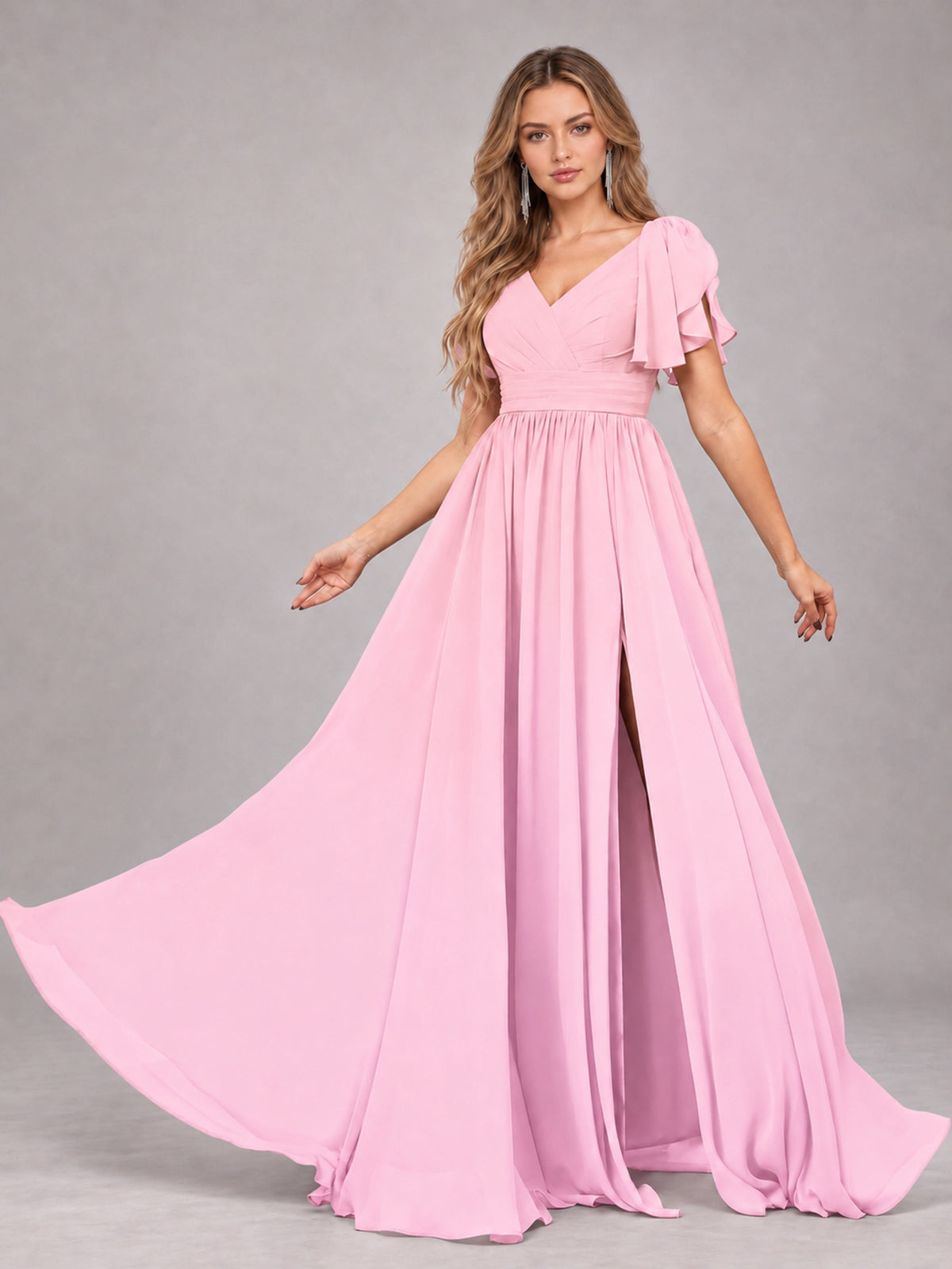 Candy Pink Beautiful BridesmaidV-Neck Lace-Up Back Chiffon Bridesmaid Dress with Slit