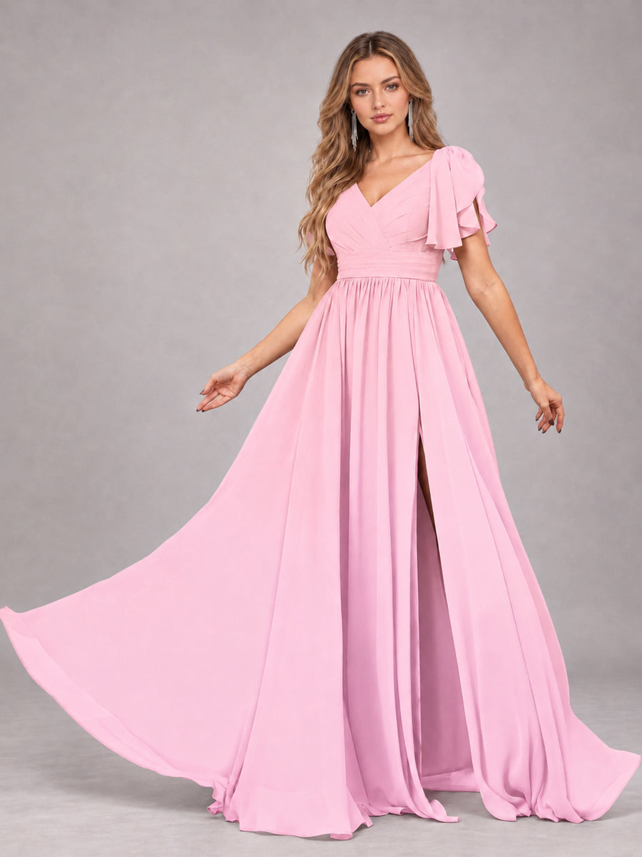 Candy Pink Beautiful BridesmaidV-Neck Lace-Up Back Chiffon Bridesmaid Dress with Slit