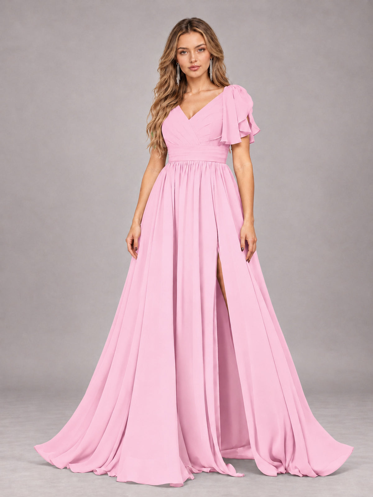Candy Pink Beautiful BridesmaidV-Neck Lace-Up Back Chiffon Bridesmaid Dress with Slit